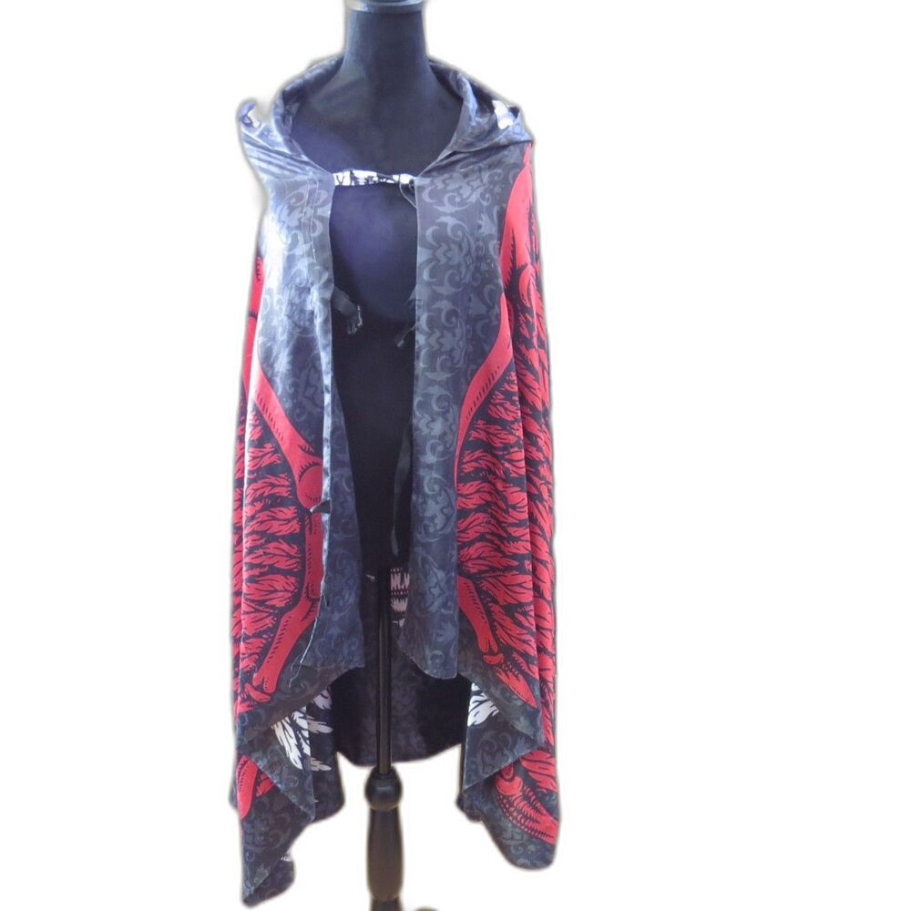 Reversible Skeleton Hooded Cloak Cape Red White Goth Festival Rave Grunge EUC - Picture 2 of 8